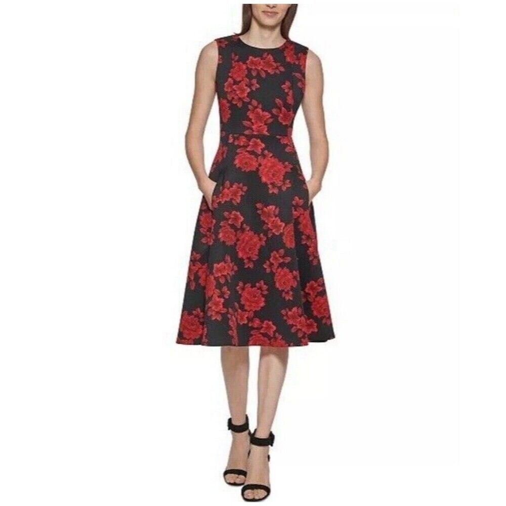 Calvin Klein Womens 4P Romantic Fit & Flare Scuba Dress Red Rose Floral
